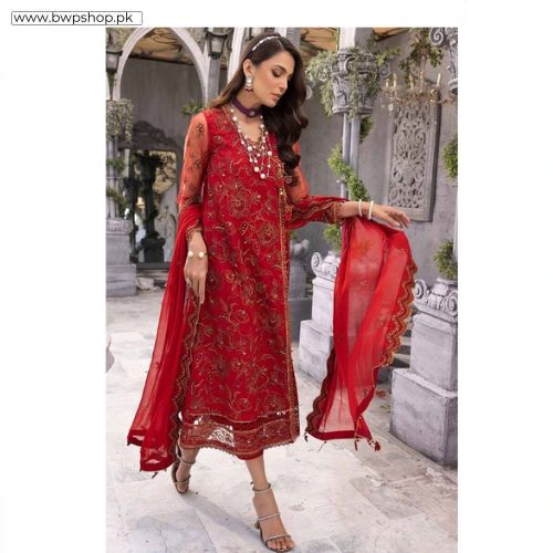 Ideas Embroidered Net Unstitched Suit with Sequins Embroidered Chiffon Dupatta FE-32053 3PC